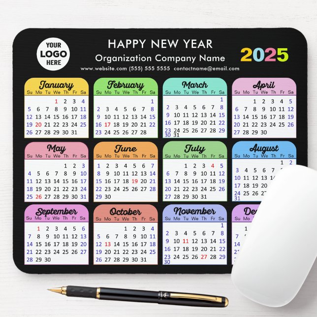 2025 Calendar Business Logo Modern Black Colourful Mouse Mat (Creator Uploaded)