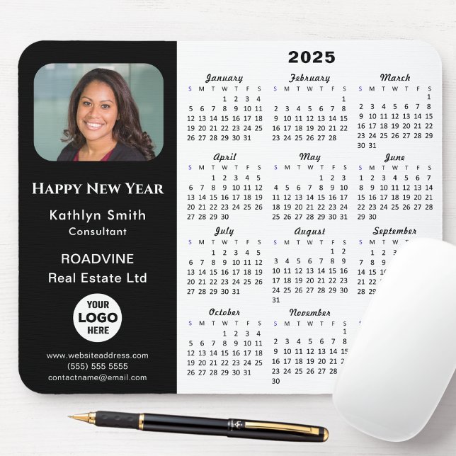 2025 Calendar Business Logo Photo Modern Black Mouse Mat (Creator Uploaded)