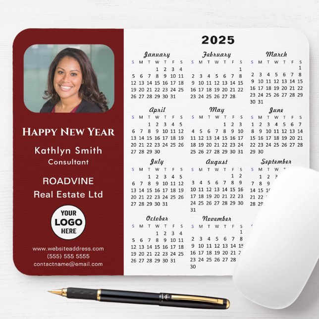 2025 Calendar Business Logo Photo Modern Red Mouse Mat (Creator Uploaded)