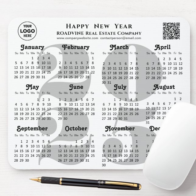 2025 Calendar Business Logo QR code Modern Black Mouse Mat (Creator Uploaded)