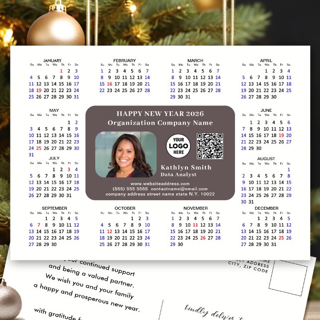 2025 Calendar Business Logo QR Modern Black Simple Holiday Postcard (Creator Uploaded)