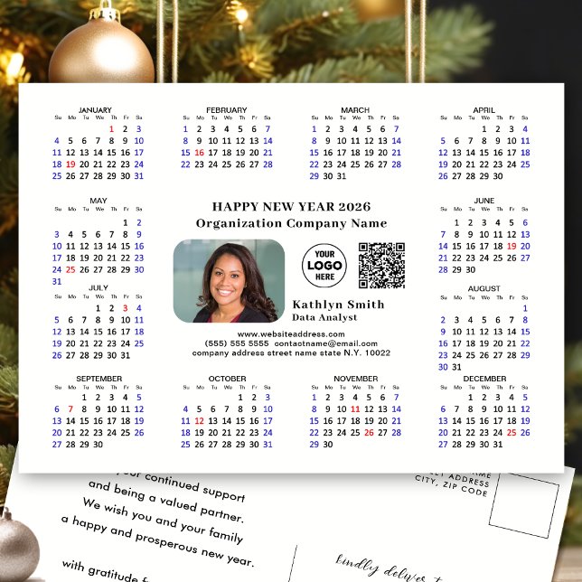 2025 Calendar Business Logo QR Modern Black Simple Holiday Postcard (Creator Uploaded)