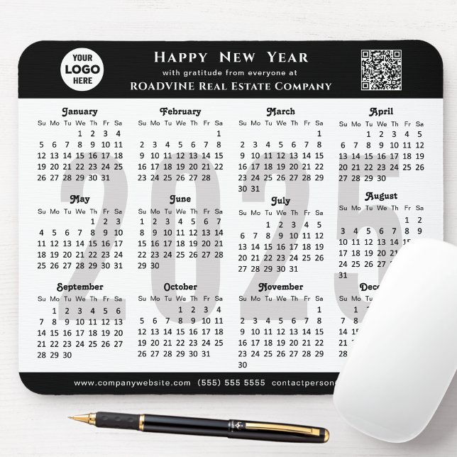 2025 Calendar Business Logo QR Modern Black Simple Mouse Mat (Creator Uploaded)