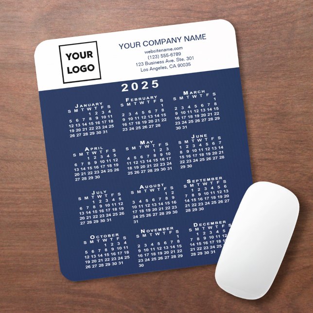 2025 Calendar Business Logo Text Navy Blue White Mouse Mat (2025 Calendar Business Logo Text Navy Blue White Mouse Pad in situ)