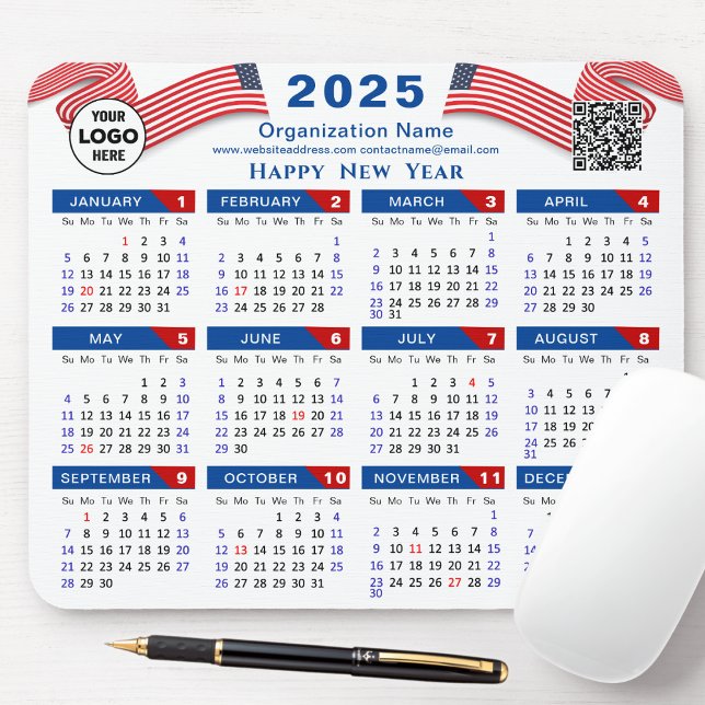 2025 Calendar Business Logo US Patriotic Blue Red Mouse Mat (Creator Uploaded)