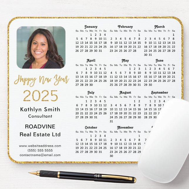 2025 Calendar Business Photo Elegant Gold Glitter Mouse Mat (Creator Uploaded)