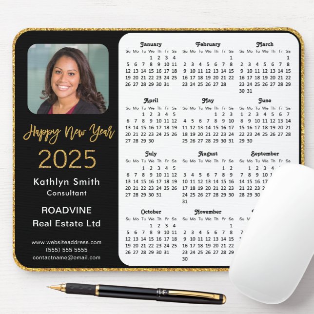 2025 Calendar Business Photo Elegant Gold Glitter Mouse Mat (Creator Uploaded)