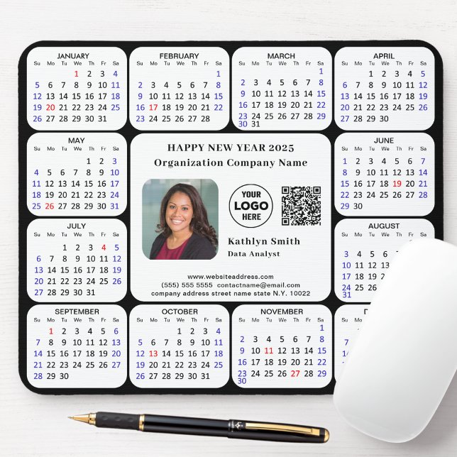 2025 Calendar Business Photo Logo QR Modern Black Mouse Mat (Creator Uploaded)
