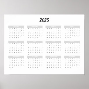 2025 Calendar By Month Home School Office Wall Poster