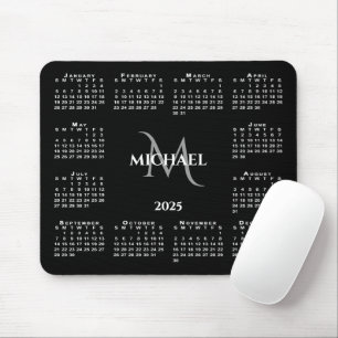 2025 Calendar Chic Monogram Name on Black Mouse Mat