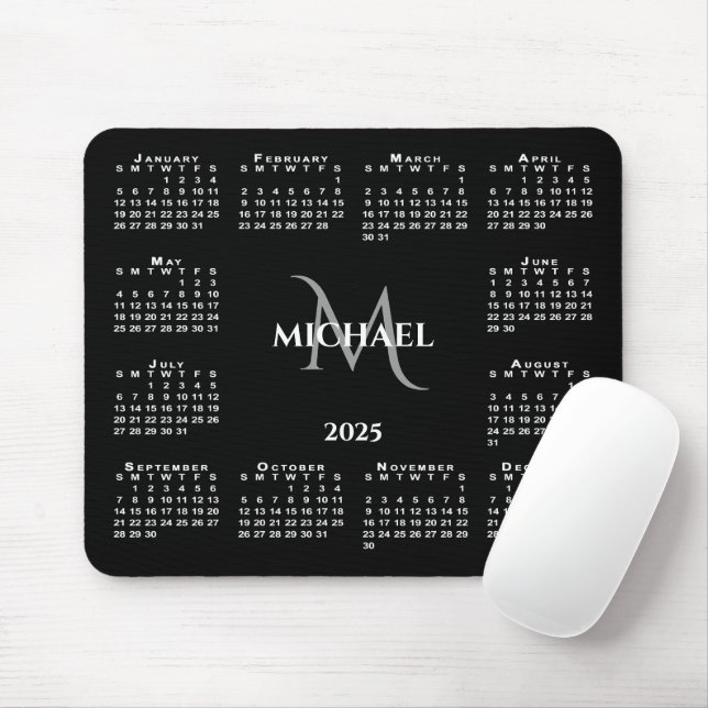 2025 Calendar Chic Monogram Name on Black Mouse Mat (With Mouse)