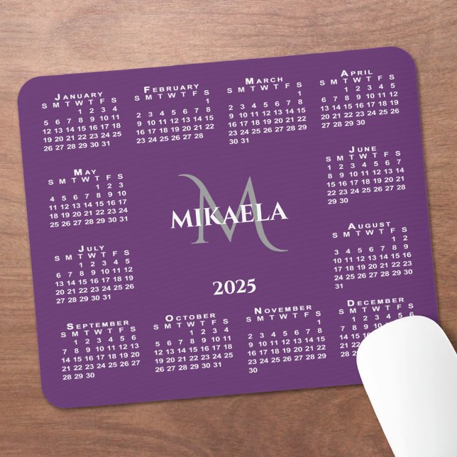 2025 Calendar Chic Monogram Name on Purple Mouse Mat (2025 Calendar Chic Monogram Name on Purple Mouse Pad in situ)