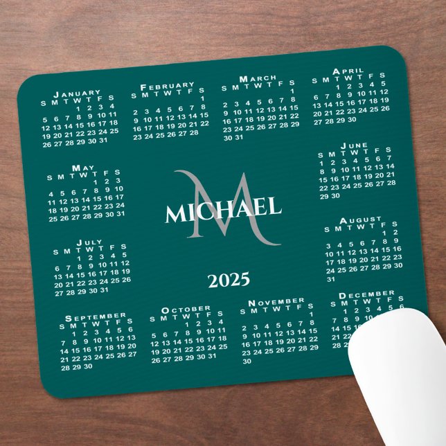 2025 Calendar Chic Monogram Name on Teal Mouse Mat (2025 Calendar Chic Monogram Name on Teal Mouse Pad in situ)