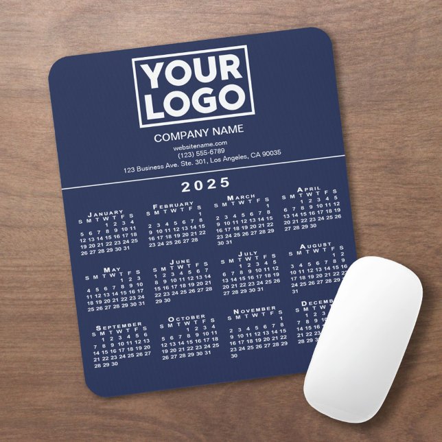 2025 Calendar Company Logo and Text on Navy Blue Mouse Mat (2025 Calendar Company Logo and Text on Navy Blue Mouse Pad in situ)