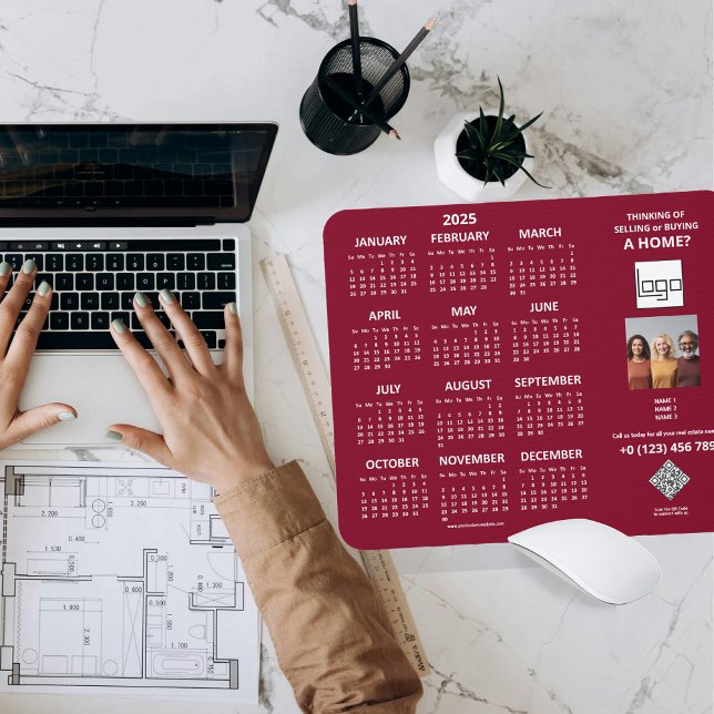 2025 Calendar Company Logo QR Code Burgundy Photo Mouse Mat (2025 Calendar Company Logo QR Code Burgundy  Red Custom Photo Mouse Pad Any Profession Real Estate)
