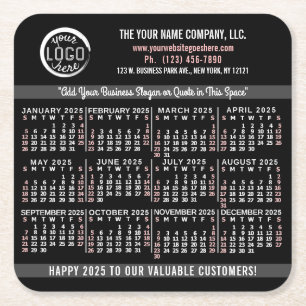 2025 Calendar Custom Business Logo Name Black Easy Square Paper Coaster