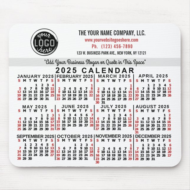 2025 Calendar Custom Business Logo Name White Red Mouse Mat (Front)