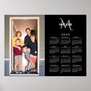 2025 Calendar Custom Photo Monogram Name Black Poster