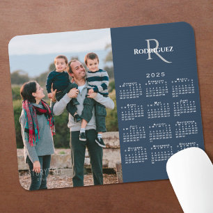 2025 Calendar Custom Photo Monogram Name Navy Blue Mouse Mat