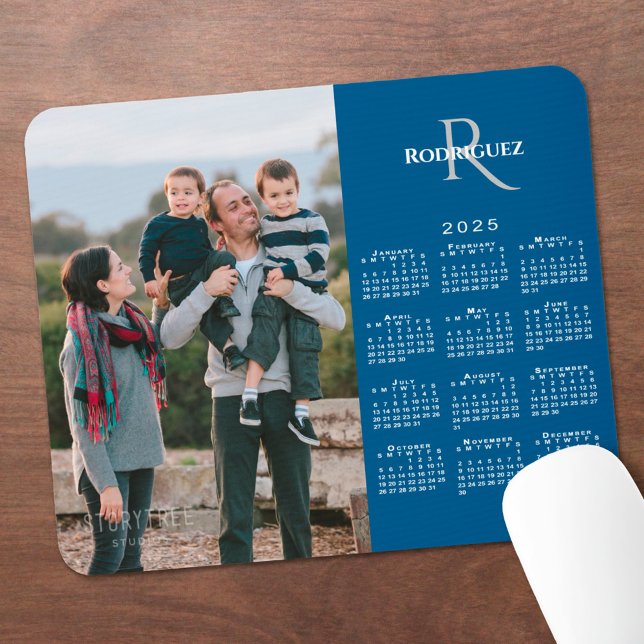 2025 Calendar Custom Photo Monogram Name on Blue Mouse Mat (2025 Calendar Custom Photo Monogram Name on Blue Mouse Pad in situ)