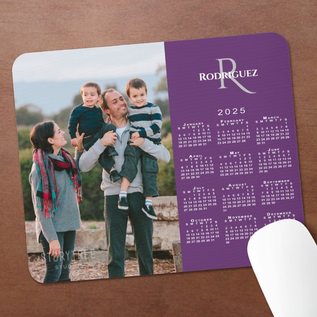 2025 Calendar Custom Photo Monogram Name on Purple Mouse Mat (2025 Calendar Custom Photo Monogram Name on Purple Mouse Pad in situ)