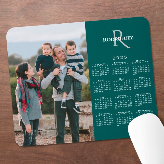 2025 Calendar Custom Photo Monogram Name on Teal Mouse Mat (2025 Calendar Custom Photo Monogram Name on Teal Mouse Pad in situ)