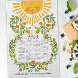 2025 Calendar Cute Sun Orange Flowers Floral Tea Towel<br><div class="desc">This personalised 2025 kitchen towel calendar features a cute sun and blue flowers illustration and text template saying Peace, Joy, Love and Family name. Type your family name and greetings or another text by using the template to make an elegant gift for Thanksgiving day, Christmas, New Year on any occasions....</div>