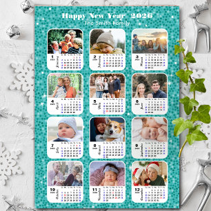 2025 Calendar Family 12 Photo Collage Festive Blue Holiday Card