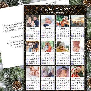 2025 Calendar Family 12 Photo Modern Black Gold Holiday Postcard