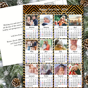 2025 Calendar Family 12 Photo Modern Pink Gold Holiday Postcard