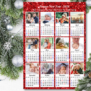 2025 Calendar Family 12 Photo Modern Red Glitter