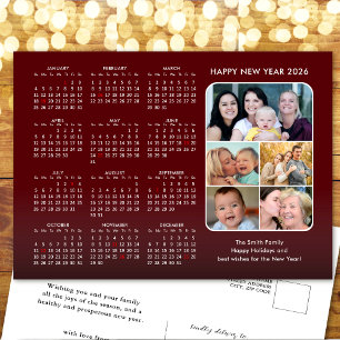 2025 Calendar Family 5 Photo Modern Red Minimalist Holiday Postcard