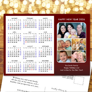 2025 Calendar Family 5 Photo Modern Red Minimalist Holiday Postcard