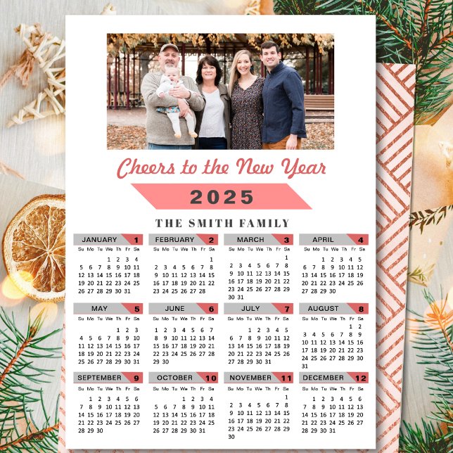 2025 Calendar Family Photo Pink Glitter Minimalist Holiday Card (Creator Uploaded)