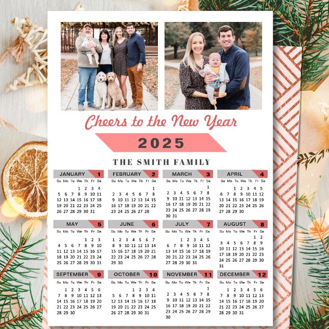 2025 Calendar Family Photo Pink Glitter Minimalist Holiday Card (Creator Uploaded)