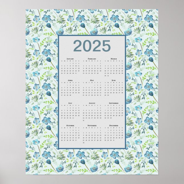 2025 Calendar Full Year Blue Floral Poster (Front)