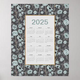 2025 Calendar Full Year Blue Grey Poppies Poster