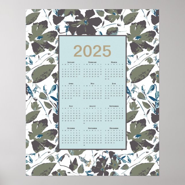 2025 Calendar Green Blue Clematis Floral Poster (Front)