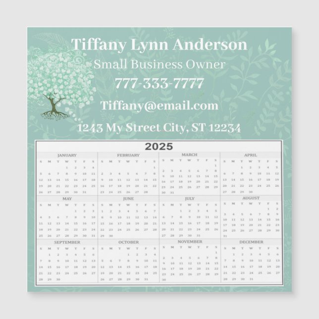 2025 Calendar Heart Leaf Tree Floral Mint Green (Front)