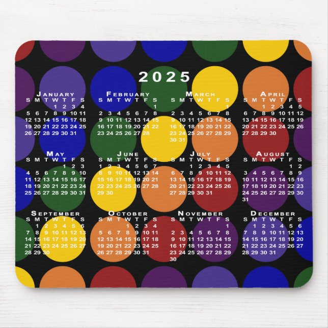 2025 Calendar LGBTQ Rainbow Polka Dots on Black Mouse Mat (Front)