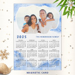 2025 Calendar Magnet Family Photo Name Blue White<br><div class="desc">Create a personalised 2025 magnetic calendar with photo and blue marble design. Templates make it easy to type your Family name and upload personal picture to have the same cloud shape frame around your photo. This Sunday through Saturday 2025 calendar is a practical gift idea for Christmas, New Year, or...</div>