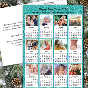 2025 Calendar Modern Family 12 Photo Blue Glitter Holiday Postcard