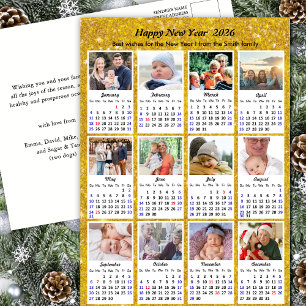 2025 Calendar Modern Family 12 Photo Gold Glitter Holiday Postcard
