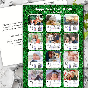 2025 Calendar Modern Family 12 Photo Green Glitter Holiday Postcard