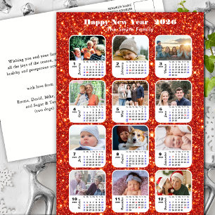 2025 Calendar Modern Family 12 Photo Red Glitter Holiday Postcard