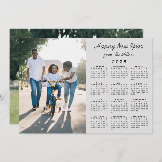 2025 Calendar Modern Grey 2 Photo Happy New Year Holiday Card (Front/Back)