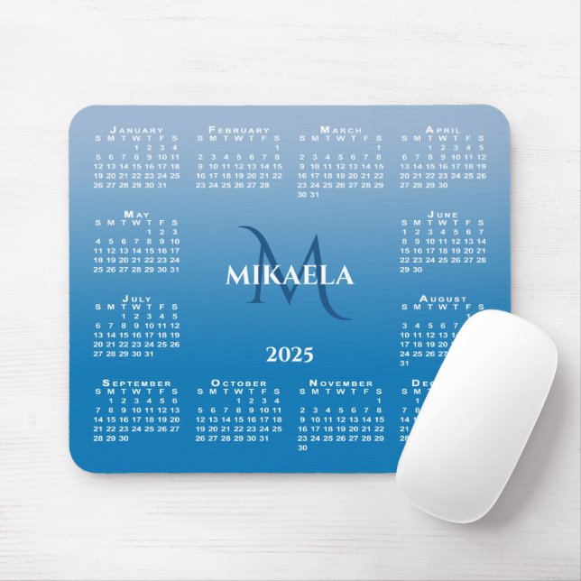 2025 Calendar Monogram Name on Sky Blue Gradient Mouse Mat (With Mouse)