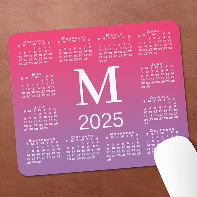 2025 Calendar Monogram on Pink to Purple Gradient Mouse Mat (2025 Calendar Monogram on Pink to Purple Gradient Mouse Pad in situ)