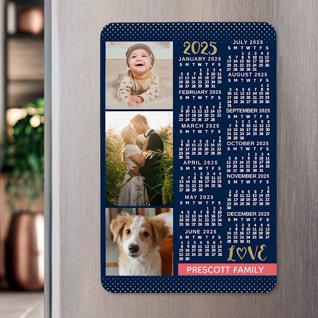2025 Calendar Navy Coral Gold Family Photo Collage Magnet (Creator Uploaded)