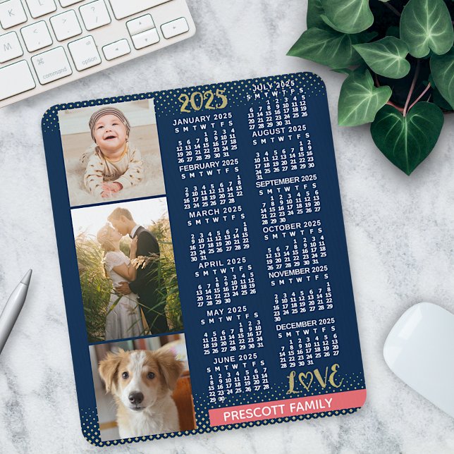 2025 Calendar Navy Coral Gold Family Photo Collage Mouse Mat (Creator Uploaded)